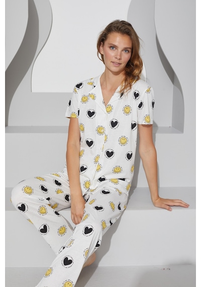 Siyah İnci Örme Düğmeli Pijama Takım 7756 Beyaz Gülen Yüz