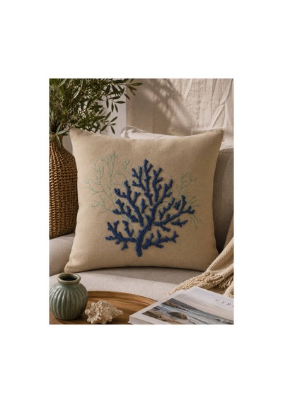 Punch Nakışlı Kırlent Kılıfı 45x45 Cm Kırlangıç Home Çapa Çiçek Desenli Bej-mavi