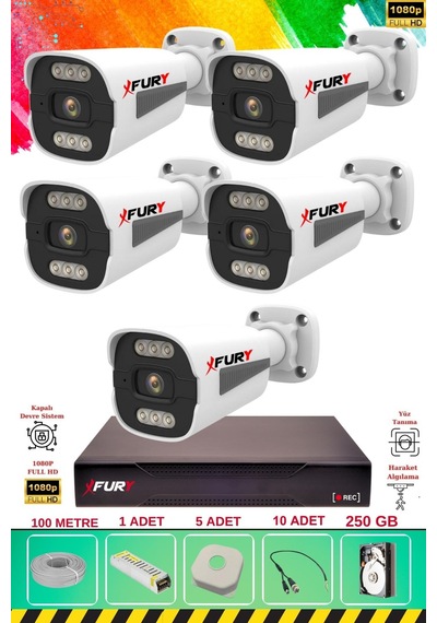 Fury 5 Kameralı 6 Warm Led Gece Renkli Görüş-cepten İzle-su Geçirmez Güvenlik Kamerası Seti 250gb