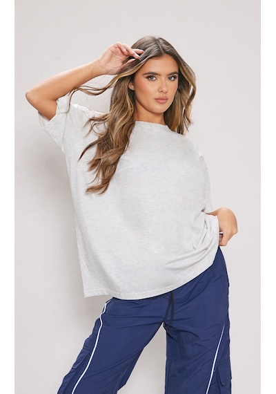 Düz Süprem T-shirt - Gri Oversize Bisiklet Yaka Kısa Kol Tişört Gri