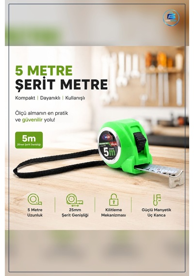 Şerit Metre 5 M 25 Mm Kilitli Çelik Ölçüm Aleti Kompakt Ev Atölye