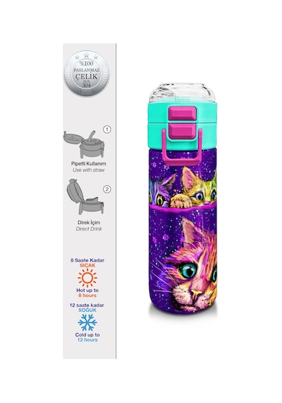 Coral High Kids Mor Pembe Kedi Desenli Pipetli Ve Direkt İçim Çelik Termos 500 Ml 31939 Mor - Açık Pembe