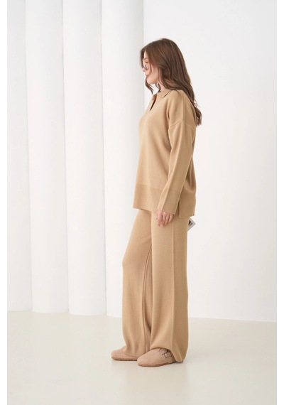 Park Karon Kadın Polo Yaka Yırtmaçlı Oversize Kazak Palazzo Pantolon Triko Alt-üst Takım Camel