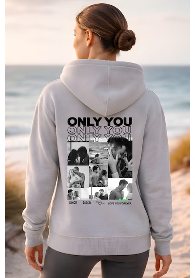 Young Fit Kişiye Özel Ön Ya Da Sırt Baskılı Kapüşomlu Hoodie Unisex Oversize Premium 3 İplik Sweatshirt Gri Melanj