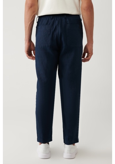 Avva Erkek Lacivert Beli Lastikli Keten Pantolon B003032 Lacivert