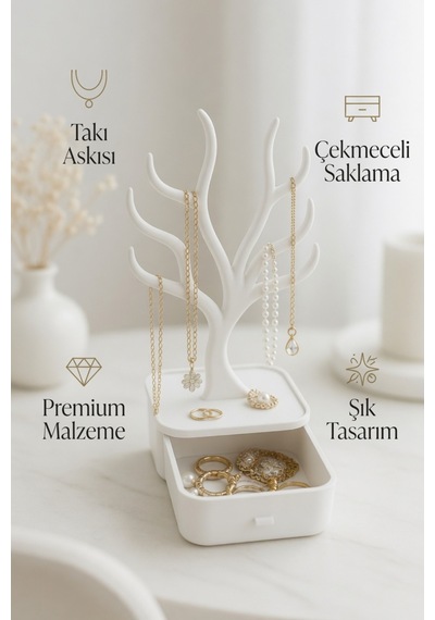 Ağaç Tasarımlı Çekmeceli Takı Organizer Kolye Askılığı Yüzük Küpe Bileklik Saklama Kutusu Beyaz
