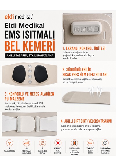 Ems Isıtmalı Bel Masaj Kemeri -7 Mod 15 Yoğunluk 3 Kademeli Isıtma Kırmızı Işık Type-c Şarjlı 2500 Mah Bej