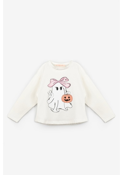 Le Mabelle Beyaz Sevimli Hayalet Baskılı Uzun Kollu Halloween Kız Çocuk Tişört Beyaz
