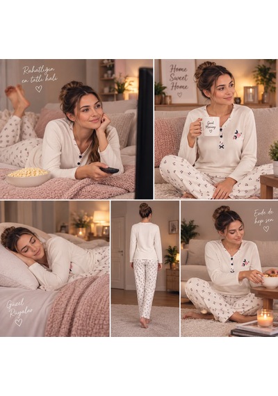 Seamlife Kadın Uzun Kollu Desenli Pijama Takımı Sevimli Desenli Ev Giyim Seti ekru