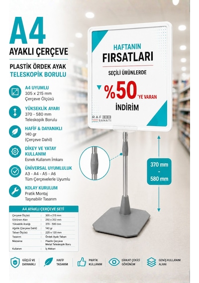 A4 Ayaklı Fiyat Etiketlik Teleskopik Borulu Çerçeve Etiketlik Yönlendirme Levhası Menü Panosu Beyaz