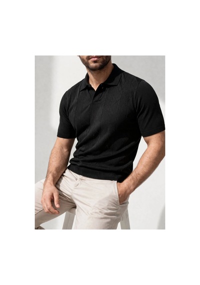 Erkek Yazlık Triko Dokuma Tişört Kısa Kol Polo Yaka T-shirt - Siyah