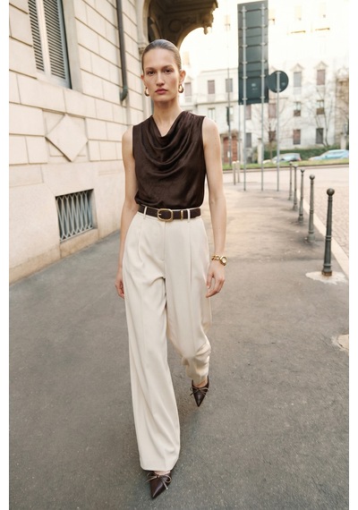 Sateen Degaje Yaka Saten Bluz - Koyu Kahve-137715