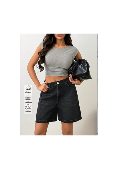 Kene Jeans Bıyıklı Siyah İşlemli Kot Denim Şort Siyah İşlemli