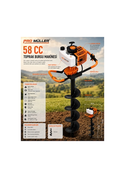 Pro Müller Profesyonel 58 Cc Fidan Ekme Benzinli Toprak Burgu Makinesi 150 Mm X 100 Cm Delme Ucu