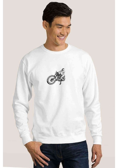 Motorcycle Girl Logo Baskılı Beyaz Erkek Örme Sweatshirt