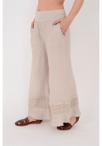 Eren Style İtalyan Fisto Paça Detaylı Keten Pantolon-9893 Bej