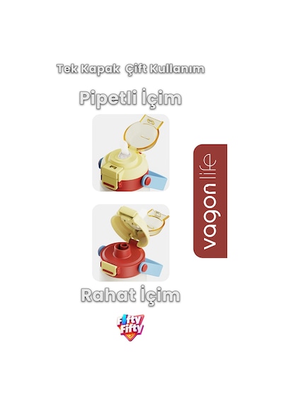 360 Ml Çocuk Termosu Tek Kapak Çift Kullanım Pipetli Rahat İçim Kulplu Paslanmaz Çelik Termos 1104-360ml Pembe