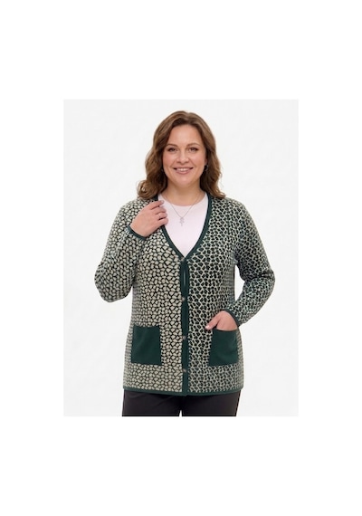 Onno Style Women Çelik Örgü Klasik Leopar Desen Triko Ceket Yeşil