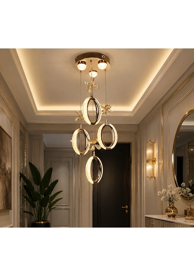 Tt805-3+1-sr Tt Aydınlatma Akrilik Küpe 4 Lü Ledli Sarı Kaplama 3 Renk Modüllü Ledli Avize Gold