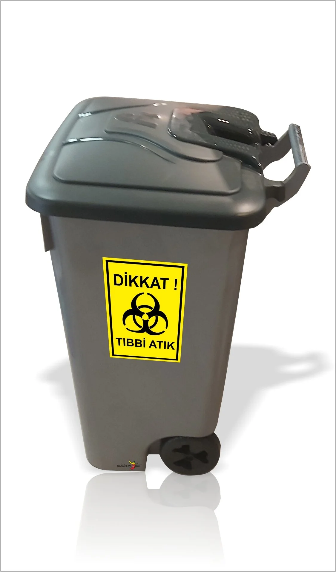 Büyük 85lt Tekerlekli Saplı Hastane Klinik Revir Tıbbi Atık Sızdırmaz Kırılmaz Çöp Kovası Arabası Metalik Gri