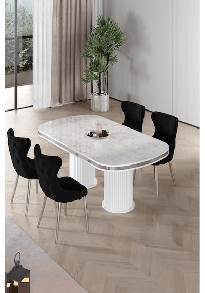 Canisa Galya Serisi Lak Panel 90x168 Sabit Beyaz Mermer Desen Mutfak Masa Takımı 4 Sandalye Beyaz Mermer Masa Siyah Sandalye Canisa Galya Serisi Lak Panel 90x168 Sabit Beyaz Mermer Desen Mutfak Masa Takımı 4 Sandalye Beyaz Mermer Masa Siyah Sandalye