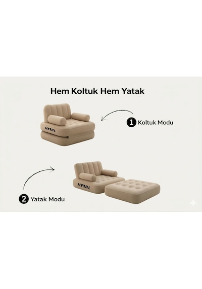 Tek Kişilik 2 Si 1 Arada Kendi Kendine Şişen Şarjlı Şişme Koltuk Ve Yatak 190 100 65cm Bej