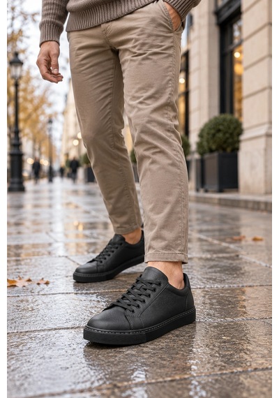 Mevese Etile Bağcıklı Cilt Erkek Günlük Sneaker Ayakkabı - Kömür