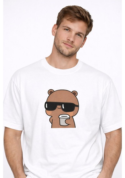 Sevgili Kombini Panda Bardak Baskılı Çift Tişört Oversize Unisex Beyaz