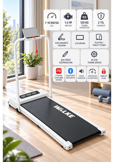 Walke W-fit Plus Koşu Bandı Beyaz Dahili Hoparlörlü Hız Kontrollü Uygulamalı