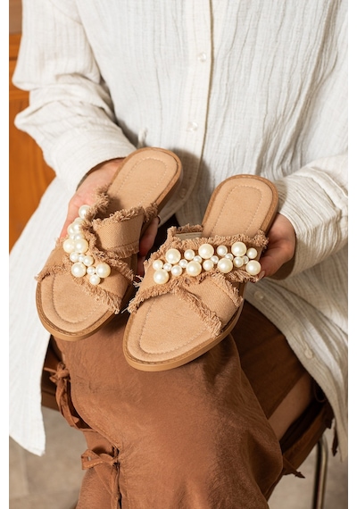 Dabab Shoes Mırella Kadın İncili Hasır Dokulu Düz Şık Taba Terlik