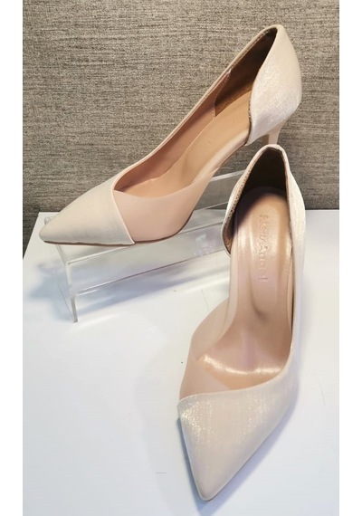 New Angel 853 Kadın Topuklu Şeffaf Detaylı Stiletto Ayakkabı Bej Saten