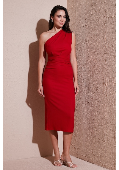 Lela Desenli Slim Fit Midi Boy Tek Omuzlu Bayan Elbise 5866202 Kırmızı Lela Desenli Slim Fit Midi Boy Tek Omuzlu Bayan Elbise 5866202 Kırmızı