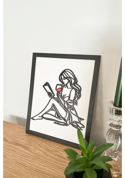 Kl-kok52-as4 - Modern Siyah Çerçeveli Ahşap Kitap Okuyan Kadın Tablosu 3d Katmanlı Tasarım 25x20 Cm