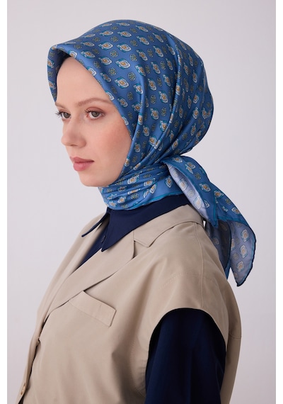 Etnik Desen Saf İpek Twill Eşarp 4308 Mavi