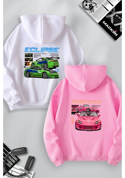 Macklin Sevgili Çift Kombin Hızlı Ve Öfkeli Eclipse Ve S2000 Sırt Baskılı Kapüşonlu Sweatshirt 2li Set Takım Beyaz Pembe Mck1245 Çok Renkli