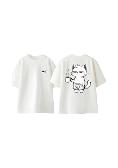Thewert Coffee Cat Tasarım Sırt Baskılı Pamuk Beyaz Oversize T-shirt
