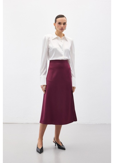 Sateen Yırtmaçlı Saten Etek - Mürdüm-136724 Mürdüm