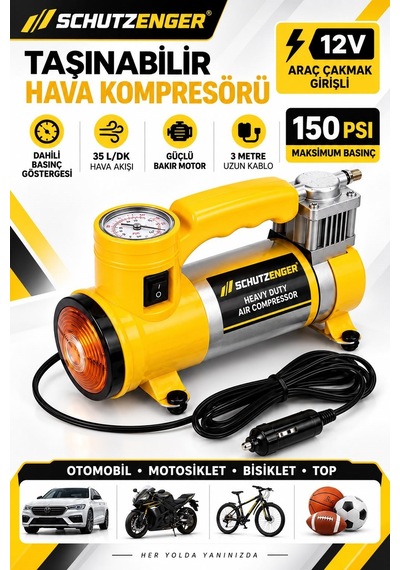 12v Araç Çakmak Girişli Taşınabilir Hava Kompresörü 150 Psı Göstergeli Ve Işıklı Lastik Şişirme Pompası Sarı