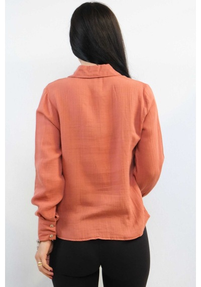 Sevgi Butik Moda Çizgi Taşlı Keten Gömlek Mc2301 Mercan 001