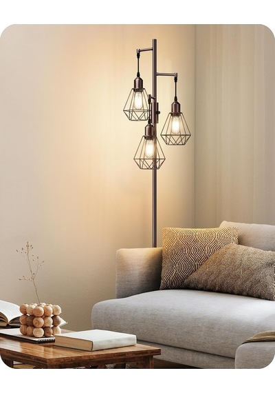 Edishine 3 Başlıklı Dimlenebilir Retro Ayaklı Lamba E27 Led, Kafes Şapkalı, 166 Cm Lambader Kahverengi Diğer