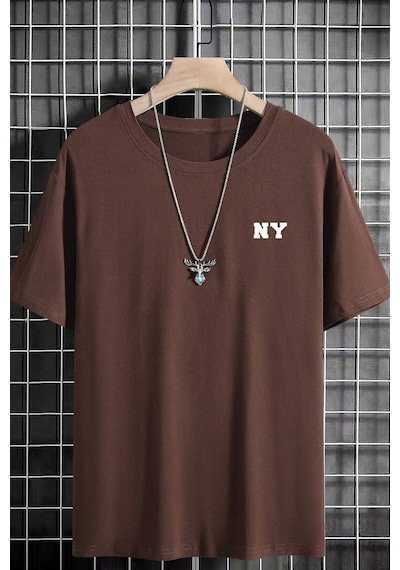 Erkek Ny Baskılı Oversize Tshirt Kahverengi