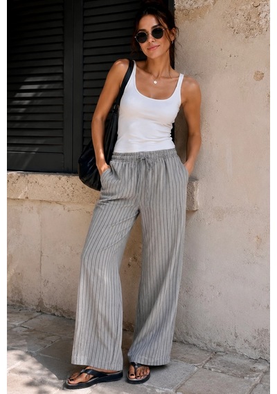Bb Butik Basic Çizgili Palazzo Pantolon Lastikli Bel Dökümlü Rahat Kesim Yazlık Pantolon My3535 gri