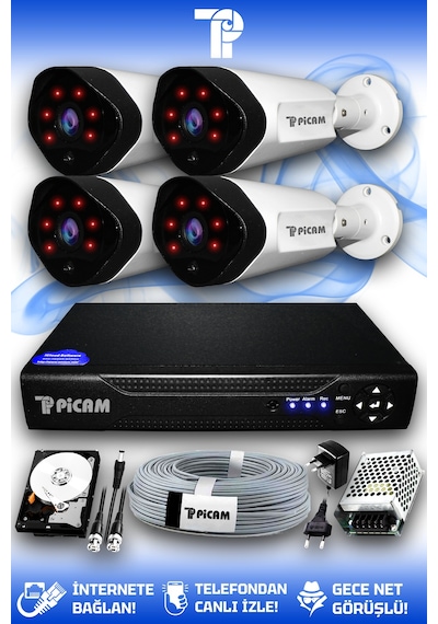Picam 4 Kameralı Uzay 4 Dış Kamera Set 320 GB HDD Full HD Gece Görüşlü Güvenlik Kamerası Sistemi