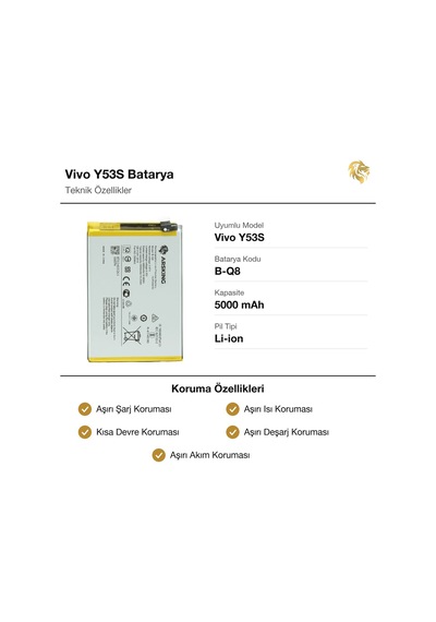 Vivo Y53s Uyumlu Güçlendirilmiş Batarya B-q8 5000 Mah Pil Telefon Bataryası Cep Telefonu Pili