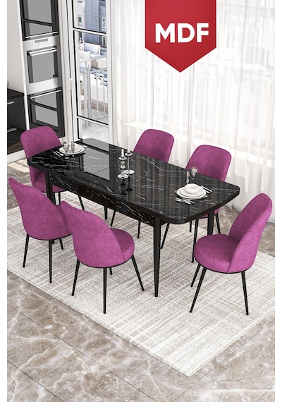 Canisa Kor Serisi MDF 70x114 Açılabilir Yemek Masası Takımı, 6 Sandalye Masa Siyah Mermer Desen Sandalye Mor Canisa Kor Serisi MDF 70x114 Açılabilir Yemek Masası Takımı, 6 Sandalye Masa Siyah Mermer Desen Sandalye Mor