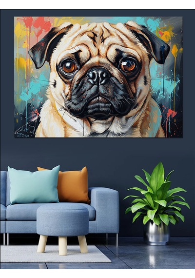 Ahşap Tablo Pug Köpeği Karizmatik Modern Portre