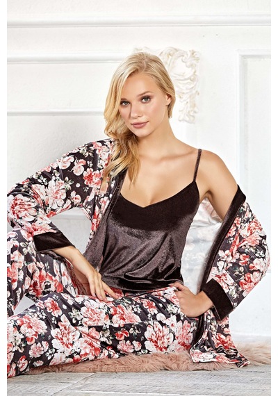 Kadife Sabahlıklı Askılı Pijama Takım Zarif Şık 3lü Set Özel Günler Flz 31-99 Desenli