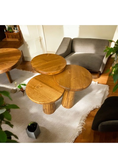 Simillo Wood Wooden Ahşap 3 Lü Set Fitilli Mantar Yan Sehpa Modern Tik Ağacı Renk Fiskos Tik Ağacı
