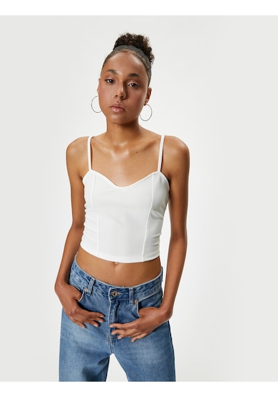 Koton İnce Askılı Crop Büstiyer Kalp Yaka Slim Fit Ribanalı Ekru 4sal30017ık