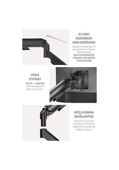 17-32" Tek Kollu Monitör Kolu Vesa Uyumlu Tam Hareketli 9 Kg Taşıma Kapasiteli Monitör Standı